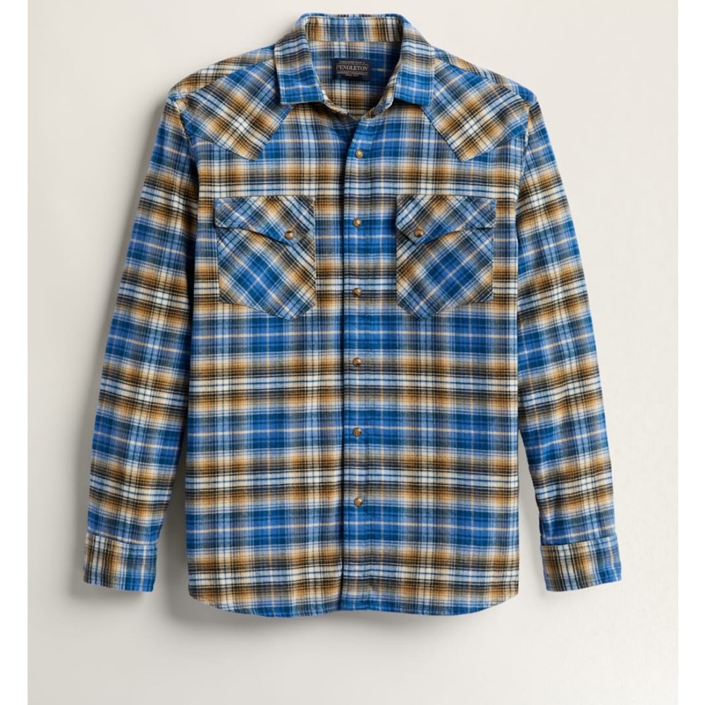 Pendleton Mens Wyatt Snap-Front Cotton Long Sleeve Shirt blue bronze plaid